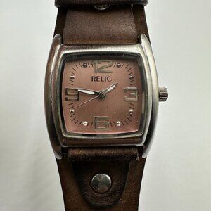 3/$30 Relic Watch Women Silver Tone Pink Dial Barrel Case Leather Bund Strap